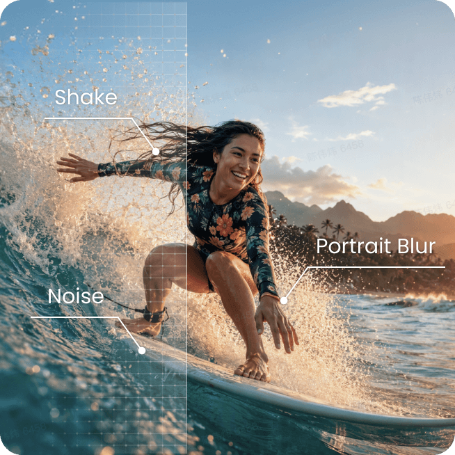 A woman surfing, annotated with shake, noise, and portrait blur