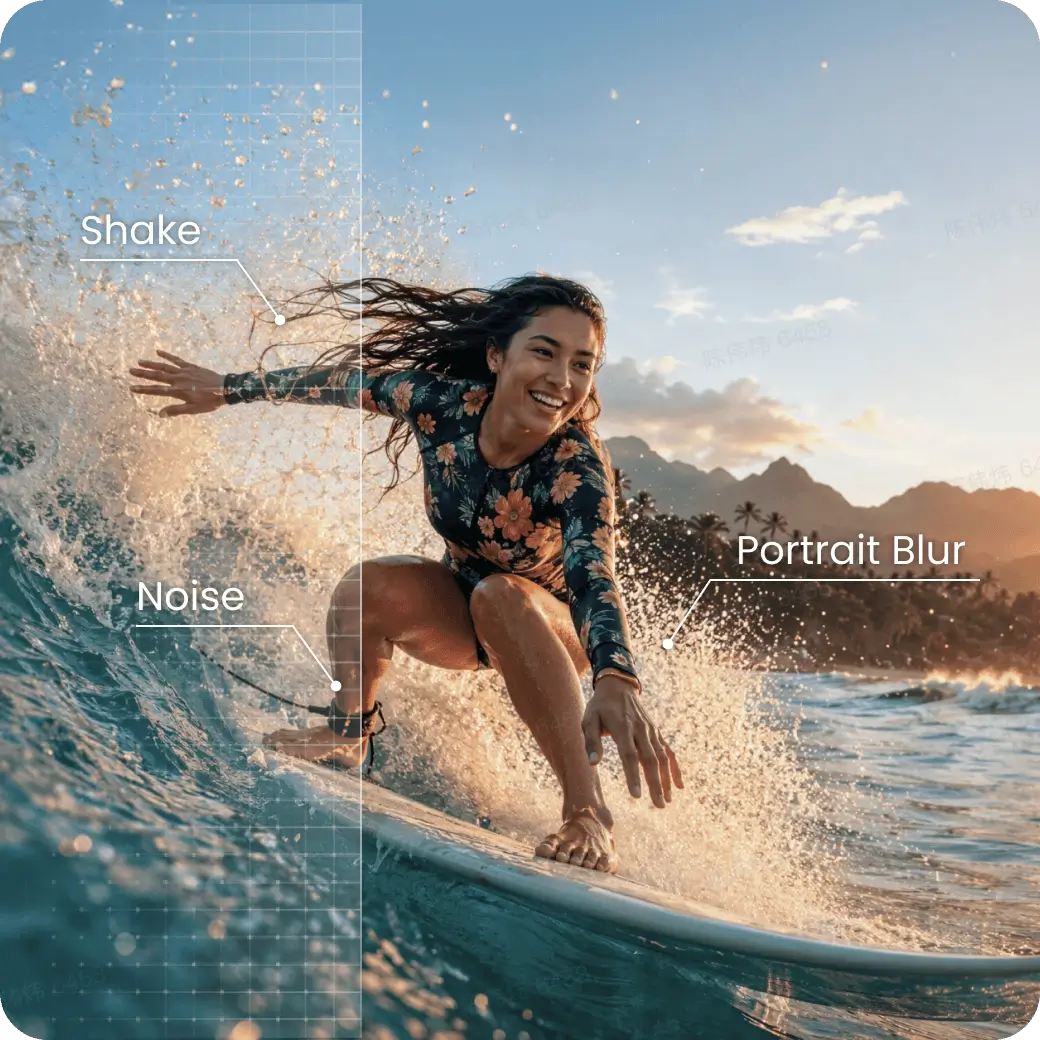 A woman surfing, annotated with shake, noise, and portrait blur