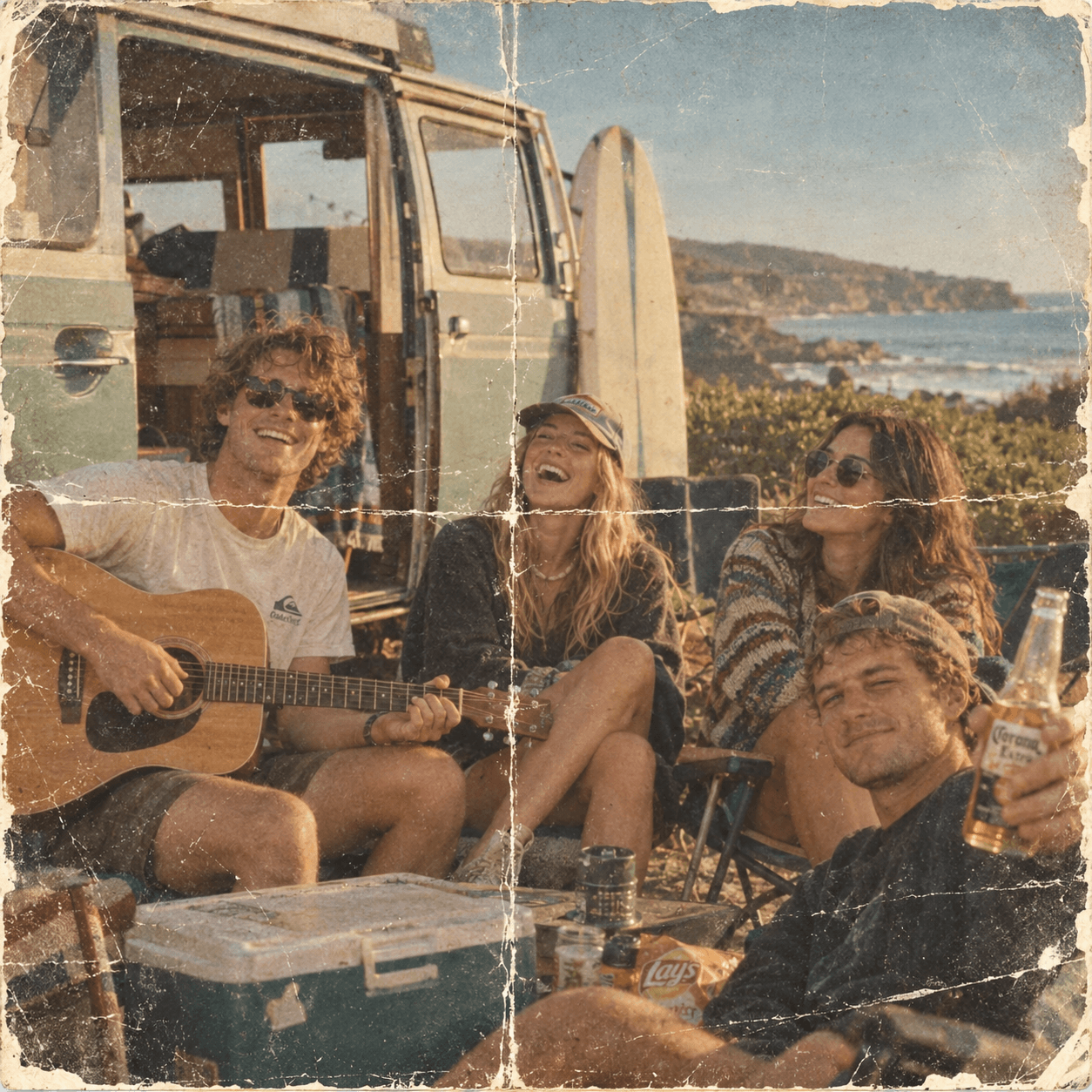 Four friends relaxing beside a camper van near the coast in a faded, scratched photograph