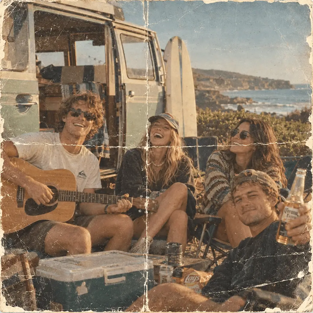 Four friends relaxing beside a camper van near the coast in a faded, scratched photograph